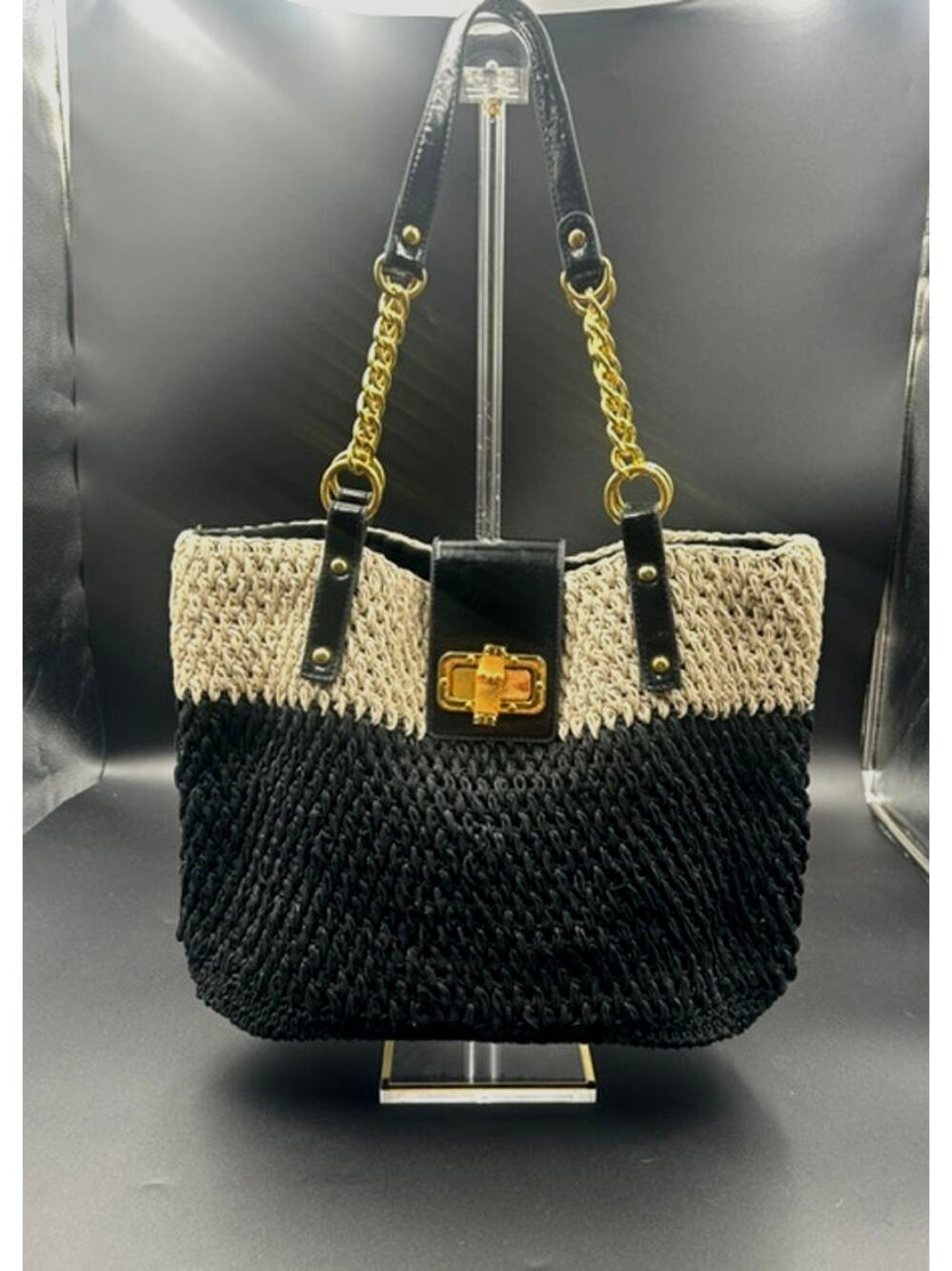 Prizia Handbags Woven Tote Black Natural Raffia Straw Bag Gold Chain Straps